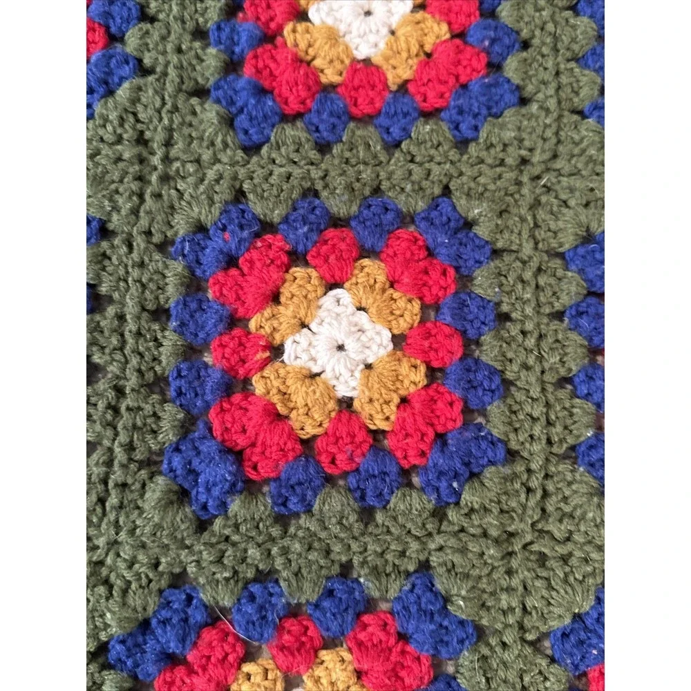 VTG 70s Afghan Hand Crocheted Granny Square Multi-Color Throw Blanket 60x47
